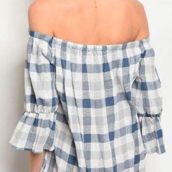 Off The Shoulder Blue Buffalo check Dress - Picture 4 of 4